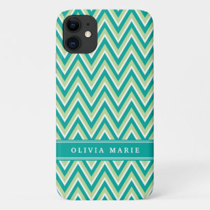 Teal Green Chevron Pattern with Name iPhone 11 Case