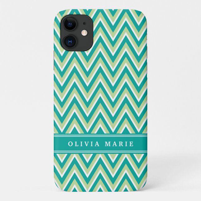 Teal Green Chevron Pattern with Name Case-Mate iPhone Case (Back)
