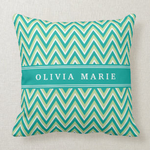 Teal Green Chevron Pattern with Name Cushion