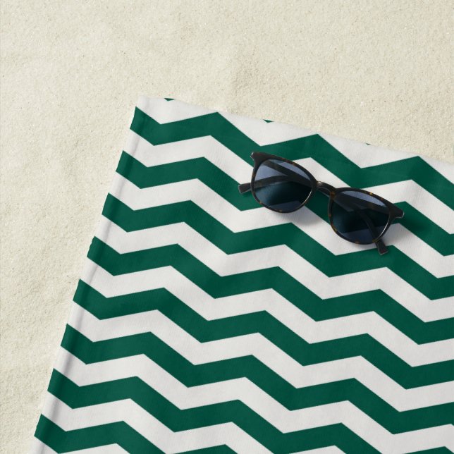 Teal Green Chevron zig zag stripe pattern Beach Towel (In Situ)