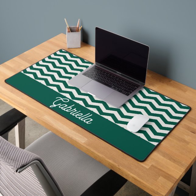 Teal Green Chevron zig zag stripe pattern Desk Mat (Office 2)