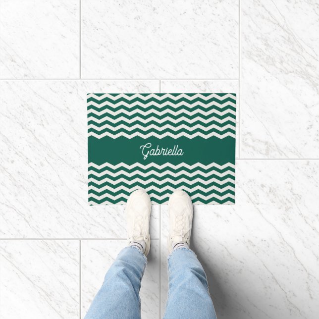 Teal Green Chevron zig zag stripe pattern Doormat (Indoor)