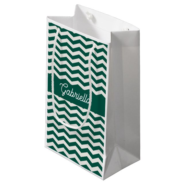 Teal Green Chevron zig zag stripe pattern Small Gift Bag (Front Angled)