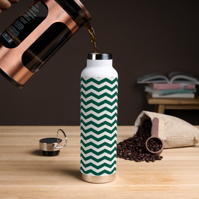 Teal Green Chevron zig zag stripe pattern Water Bottle (Coffee (Rotated))