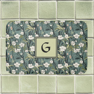 Teal Green Chinoiserie Floral White Initial  Bath Mat