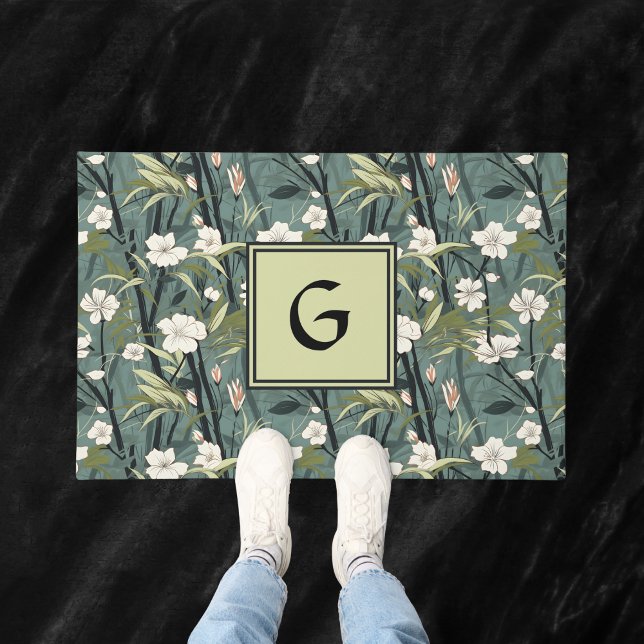 Teal Green Chinoiserie Floral White Initial  Doormat (Creator Uploaded)