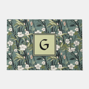 Teal Green Chinoiserie Floral White Initial  Doormat