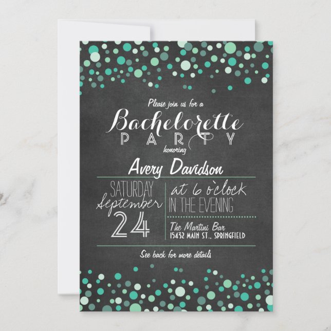 Teal Green Confetti Chalkboard Bachelorette Party Invitation (Front)