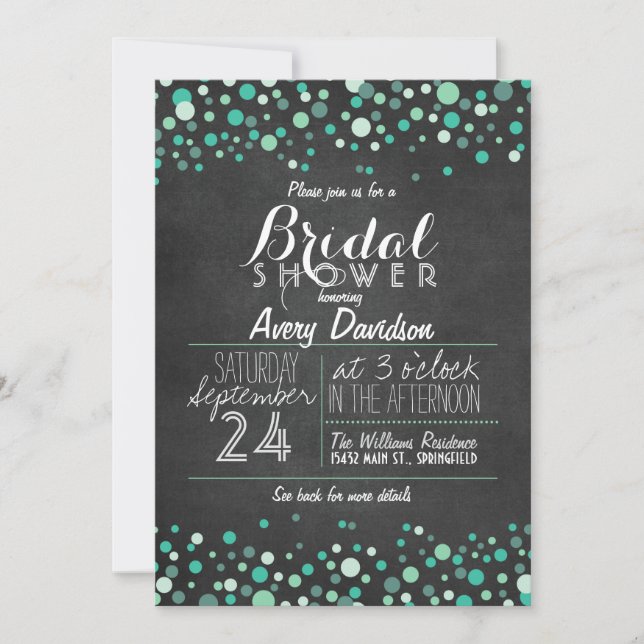 Teal Green Confetti Chalkboard Bridal Shower Invitation (Front)