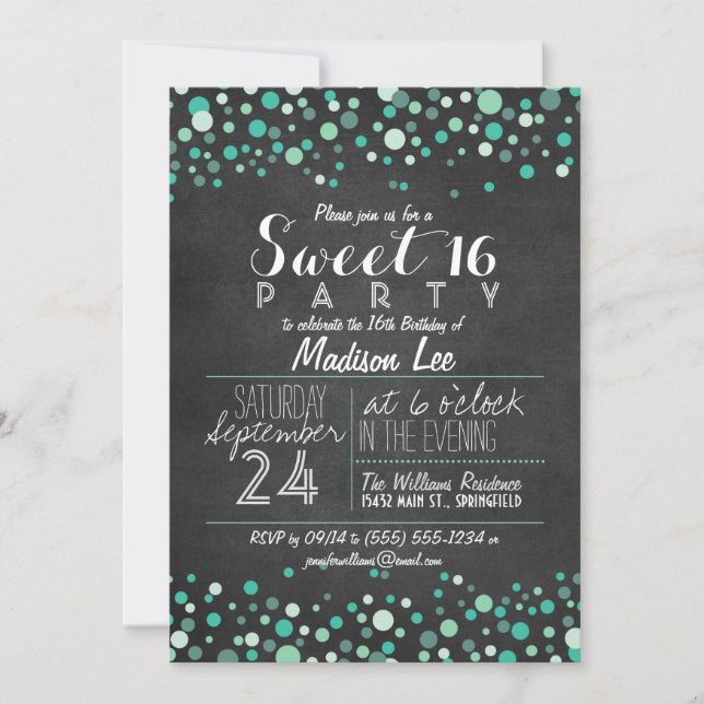 Teal Green Confetti Chalkboard Sweet 16 Party Invitation (Front)