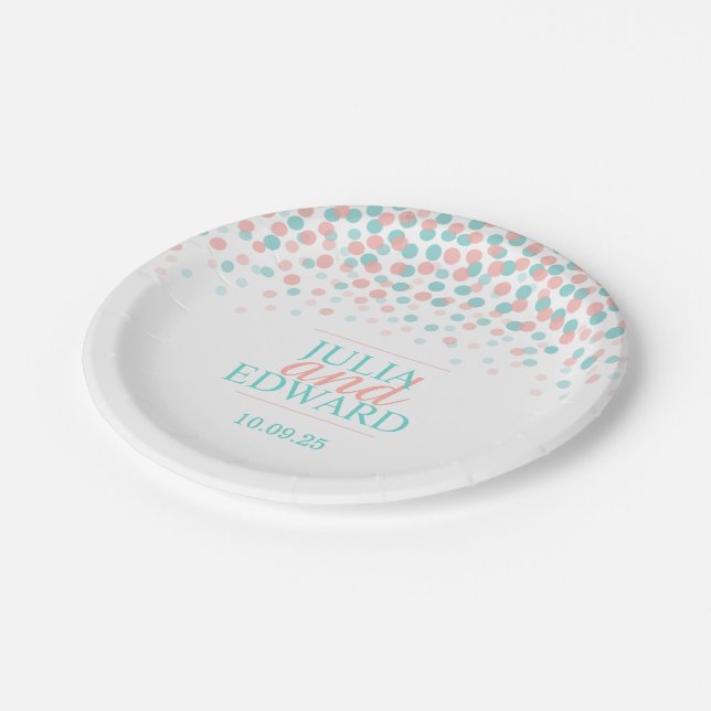 Teal green coral orange dots custom paper plate (Angled)