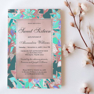 Teal green coral rose gold floral Sweet 16 Invitation