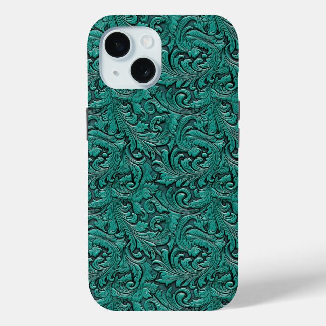 Teal green cowgirl floral tooled leather western Case-Mate iPhone case (Back)