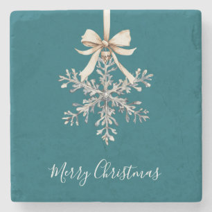 Teal Green Cream Bow Silver Snowflake Stone Coaster