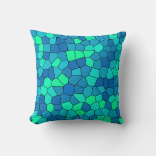 Teal Green Cyan Blue Stained Glass Pattern Cushion