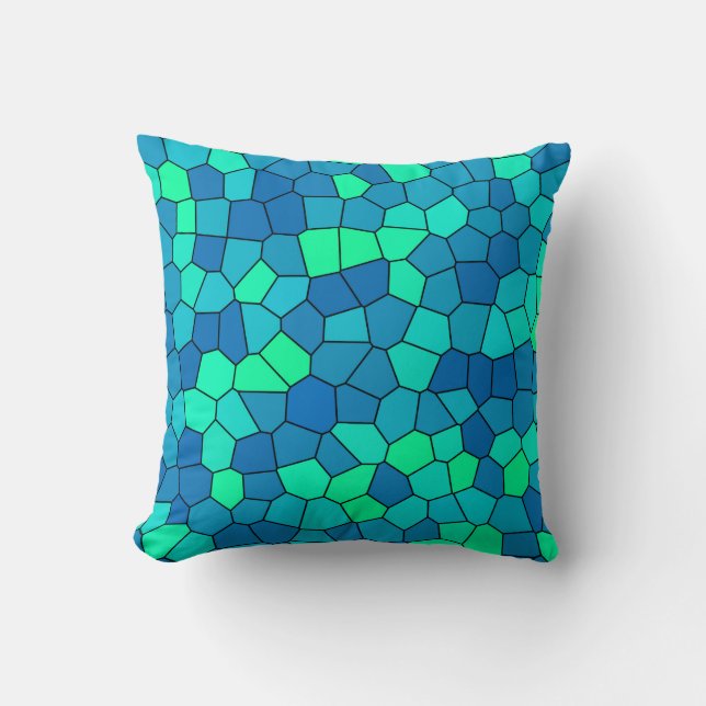 Teal Green Cyan Blue Stained Glass Pattern Cushion (Front)