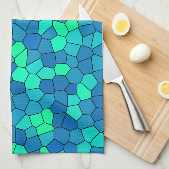 Teal Green Cyan Blue Stained Glass Pattern Tea Towel (Quarter Fold)