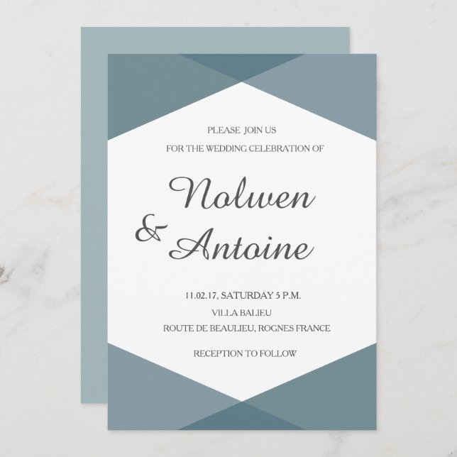 Teal green cyan geometric elegant modern wedding invitation (Front/Back)
