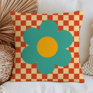 Teal Green Daisy on Brown Chequered Pattern RETRO Cushion