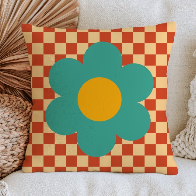 Teal Green Daisy on Brown Chequered Pattern RETRO Cushion (Creator Uploaded)