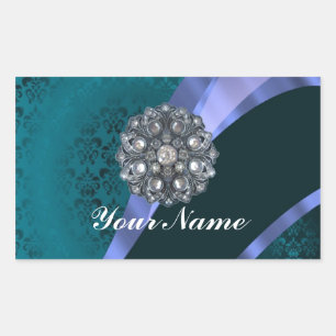Teal green damask & ribbon rectangular sticker