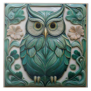 Teal green faux relief Art Nouveau Owl Tile