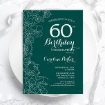Teal Green Floral 60th Birthday Party Invitation<br><div class="desc">Green Floral 60th Birthday Party Invitation. Minimalist modern design featuring botanical outline drawings accents and typography script font. Simple trendy invite card perfect for a stylish female bday celebration. Can be customised to any age. Printed Zazzle invitations or instant download digital printable template.</div>