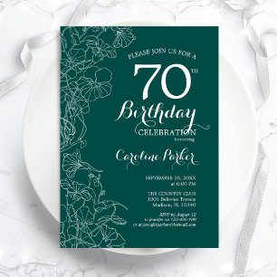 Teal Green Floral 70th Birthday Party Invitation