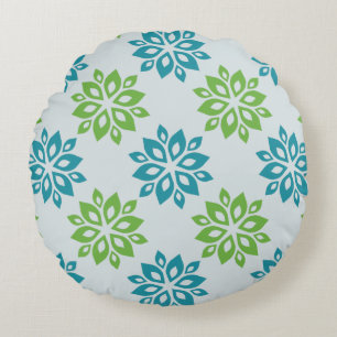 Teal  & Green Floral Bloom Pattern Round Pillow