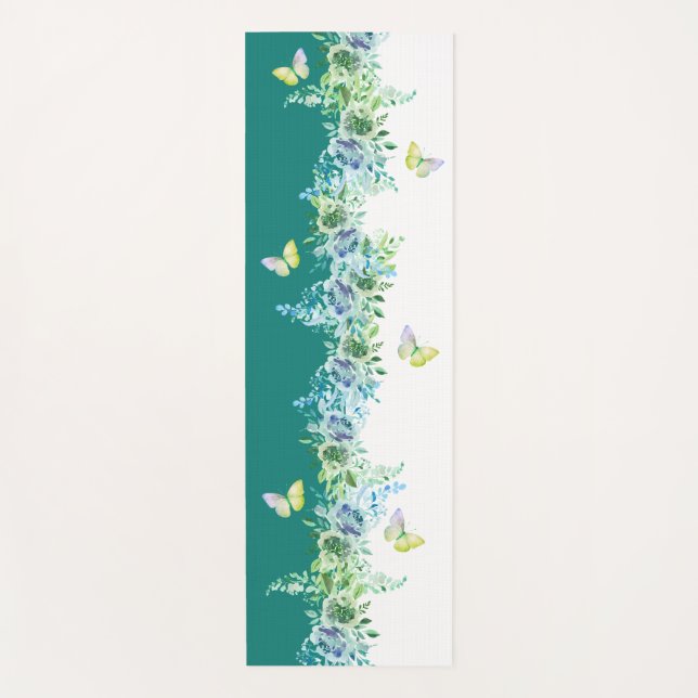 Teal Green Floral Butterfly Yoga Mat  (Front)