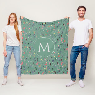Teal Green Floral Personalised MONOGRAM Fleece Blanket