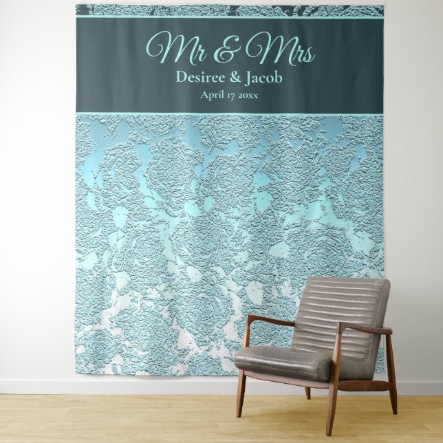 Teal Green Floral Photo Booth Wedding Backdrop Tapestry (In Situ)