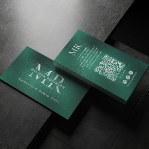 Teal Green Foil Monogram QR Code & Social Media Business Card