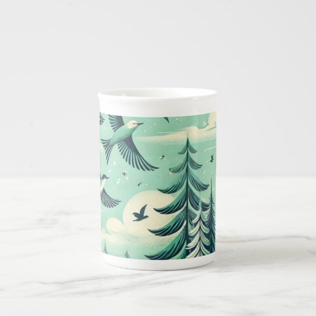 Teal Green Forest and Birds Pattern Bone China Mug (Front)