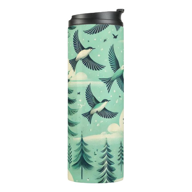 Teal Green Forest and Birds Pattern Thermal Tumbler (Rotated Left)