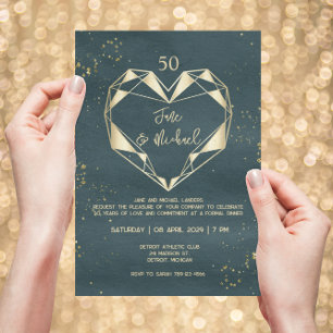 Teal Green Geometric Golden Heart 50th Anniversary Invitation