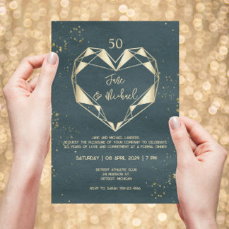 Teal Green Geometric Golden Heart 50th Anniversary Invitation