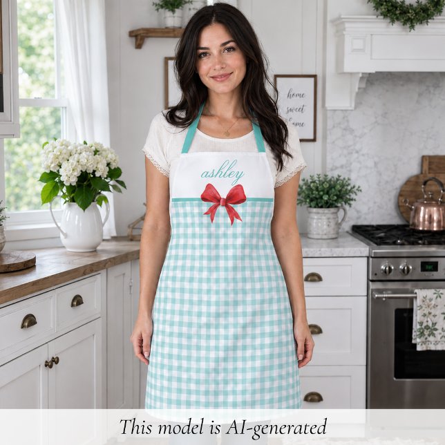 Teal Green Gingham Apron (sweet cottagecore coquette rustic retro teal green gingham apron with red bow with custom name)