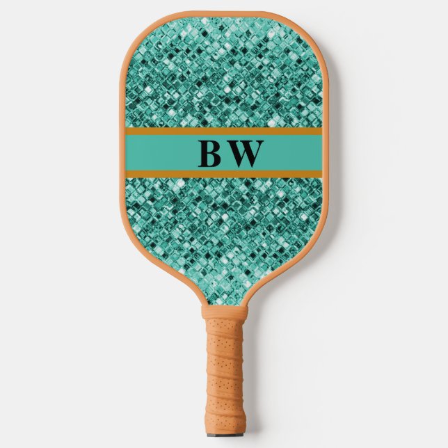 Teal Green Glitter Custom Name Monogram Tan Black Pickleball Paddle (Front)
