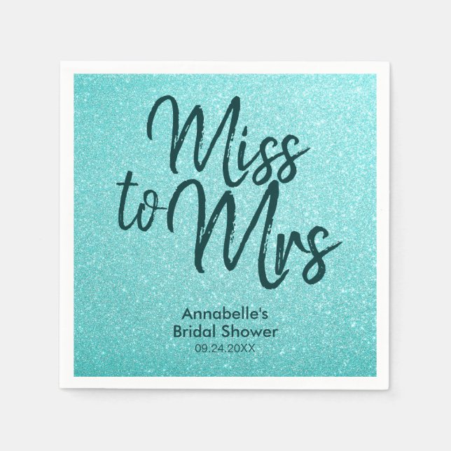 Teal Green Glitter Glam Miss to Mrs Bridal Shower Napkin (Front)
