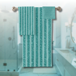 Teal Green Glitter Style Horizontal Stripes Bath Towel Set