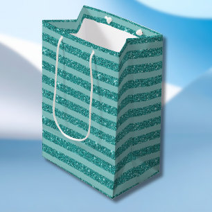 Teal Green Glitter Style Horizontal Stripes Medium Gift Bag
