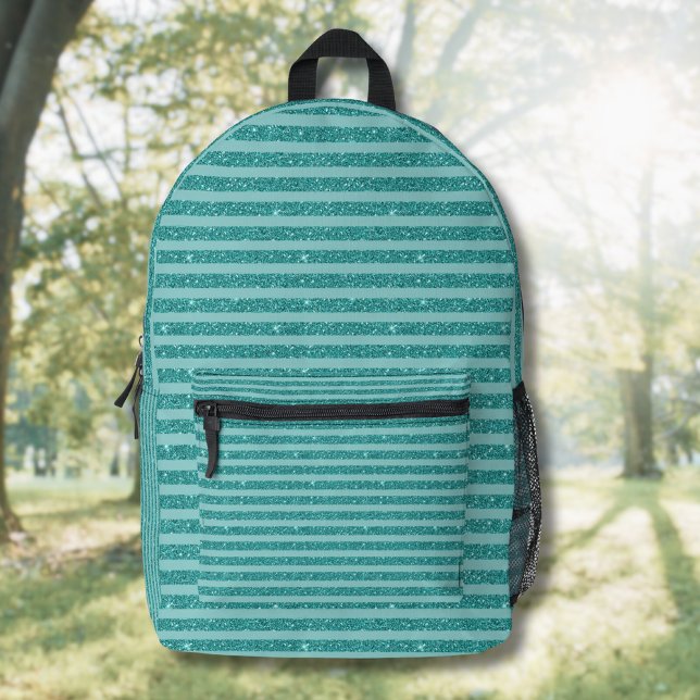 Teal Green Glitter Style Horizontal Stripes Printed Backpack (Creator Uploaded)