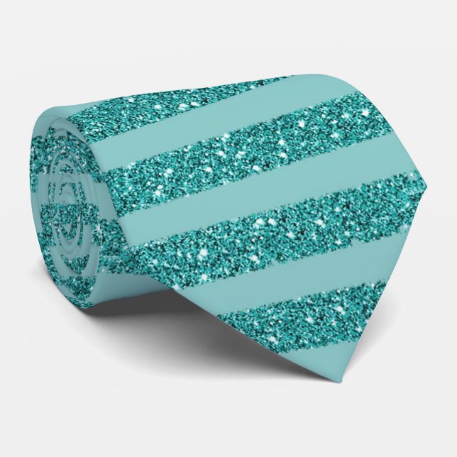 Teal Green Glitter Style Horizontal Stripes Tie (Rolled)