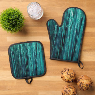 Teal Green Glitzy Glam Tinsel Stripes Oven Mitt & Pot Holder Set