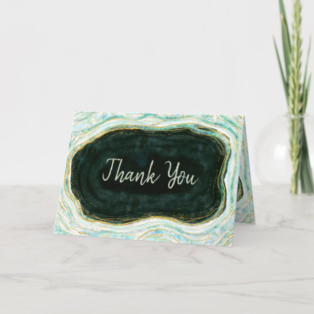 Teal Green & Gold Agate Custom Wedding Photo Thank You Card (Front)