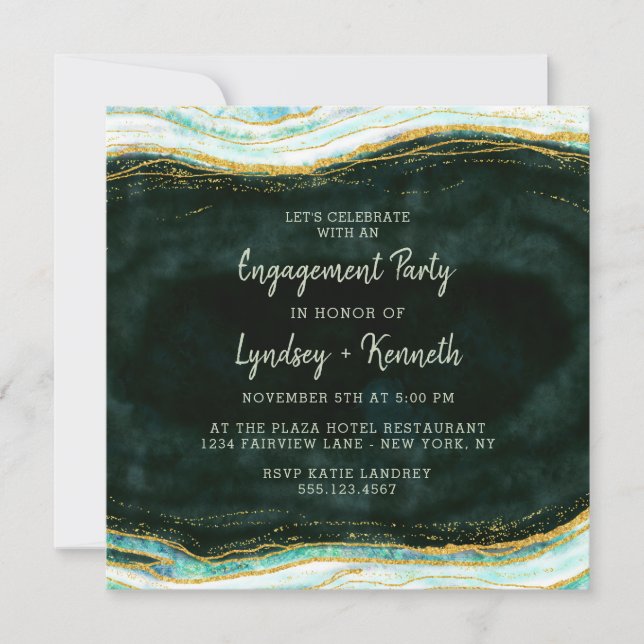 Teal Green & Gold Agate Geode Engagement Party Invitation (Front)