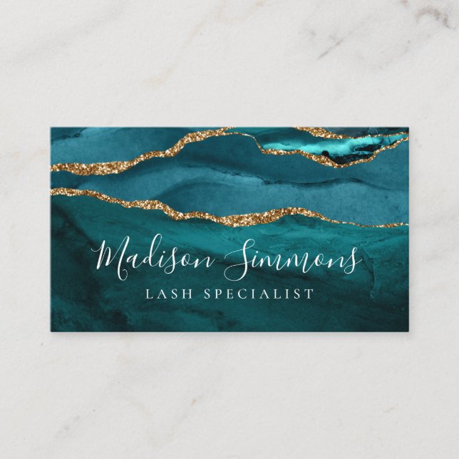 Teal Green Gold Agate Geode Monogram Script Business Card (Front)