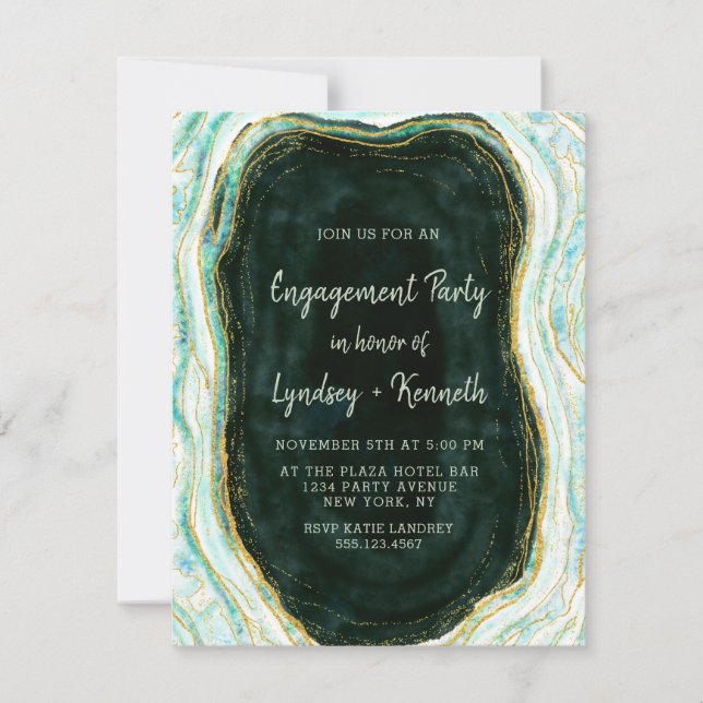 Teal Green & Gold Agate Marble Engagement Party Invitation (Front)