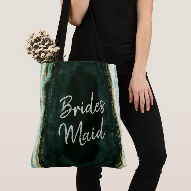 Teal Green & Gold Agate Marble Geode Bridesmaid Tote Bag (Close Up)